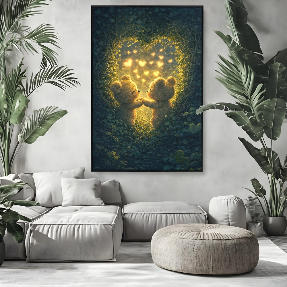 Tablou canvas cu doi ursuleti pufosi in padure, in rama de aluminiu negru, pe perete intr-un living